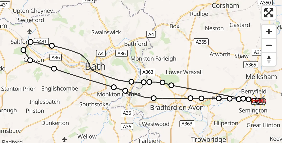 Flight route Air Ambulance Helicopter Wiltshire Air Ambulance - Melksham, 10 July 2026, 09:32