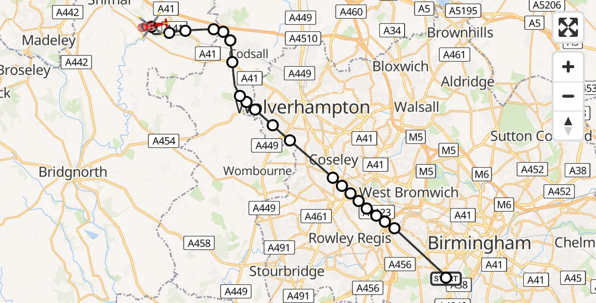 Flight route Air Ambulance Helicopter Queen Elizabeth Hospital Helipad - Cosford, 10 July 2026, 09:41