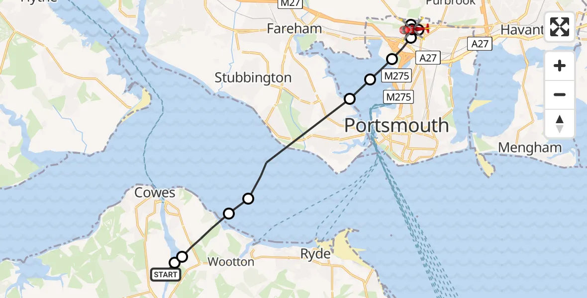 Flight route Air Ambulance Helicopter Newport - Cosham, 10 July 2026, 09:41