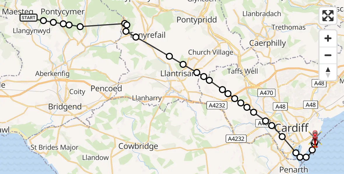 Flight route Air Ambulance Helicopter Garth - Cardiff Heliport, 10 July 2026, 09:42