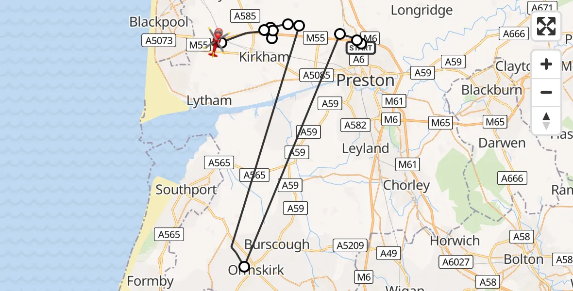 Flight route Air Ambulance Helicopter Royal Preston - Great Plumpton, 10 July 2026, 09:46