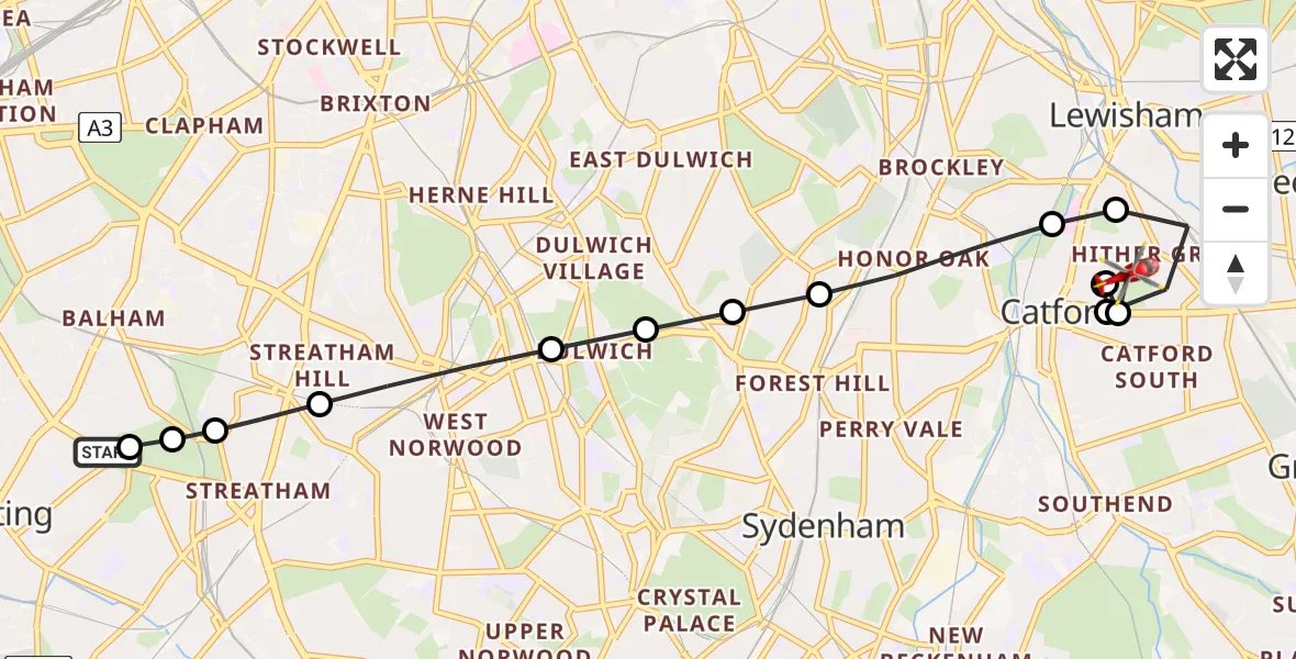 Flight route Air Ambulance Helicopter Furzedown - Hither Green, 10 July 2026, 09:48