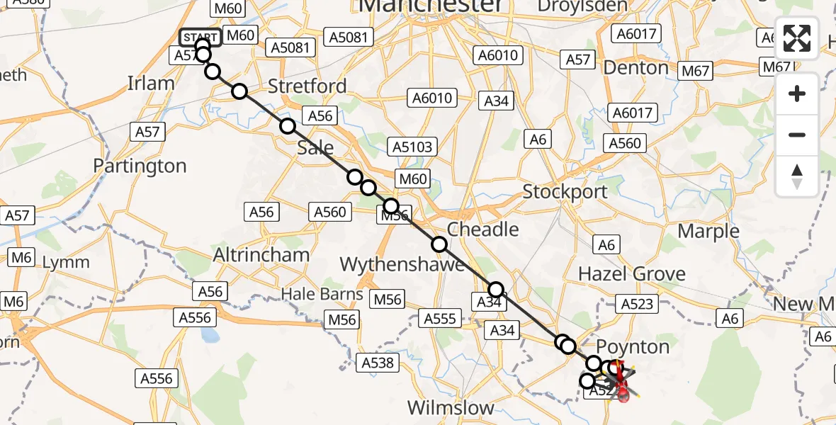 Flight route Air Ambulance Helicopter Manchester Barton Aerodrome - Poynton, 10 July 2026, 09:51