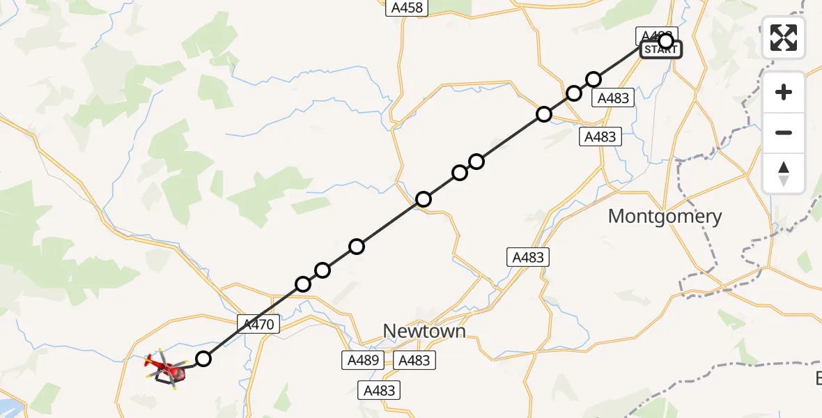 Flight route Air Ambulance Helicopter Welshpool Airport - Trefeglwys, 10 July 2026, 09:52