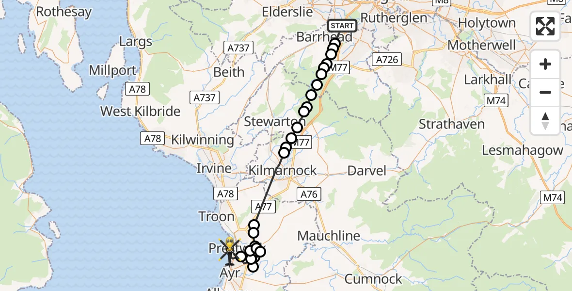 Flight route Police Helicopter Glasgow - Ayr, 10 July 2026, 09:53