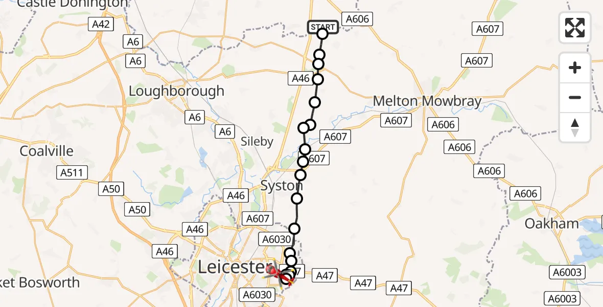 Flight route Air Ambulance Helicopter Rushcliffe - Evington, 10 July 2026, 09:56