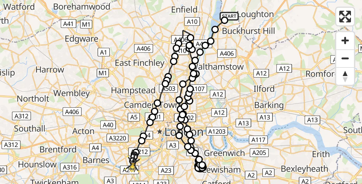 Flight route Police Helicopter Sewardstonebury - Battersea, 10 July 2026, 10:02