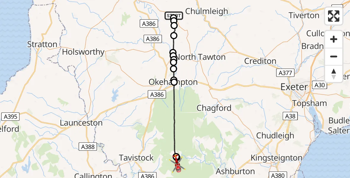 Flight route Air Ambulance Helicopter Riddlecombe - West Devon, 10 July 2026, 10:05