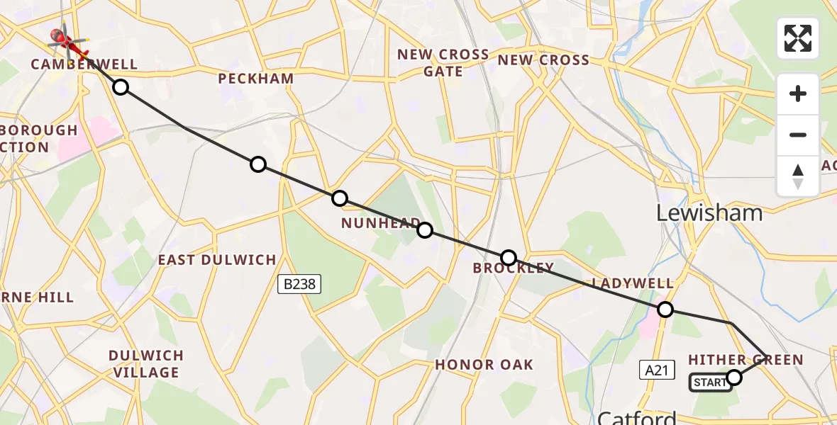 Flight route Air Ambulance Helicopter Hither Green - Camberwell, 10 July 2026, 10:19