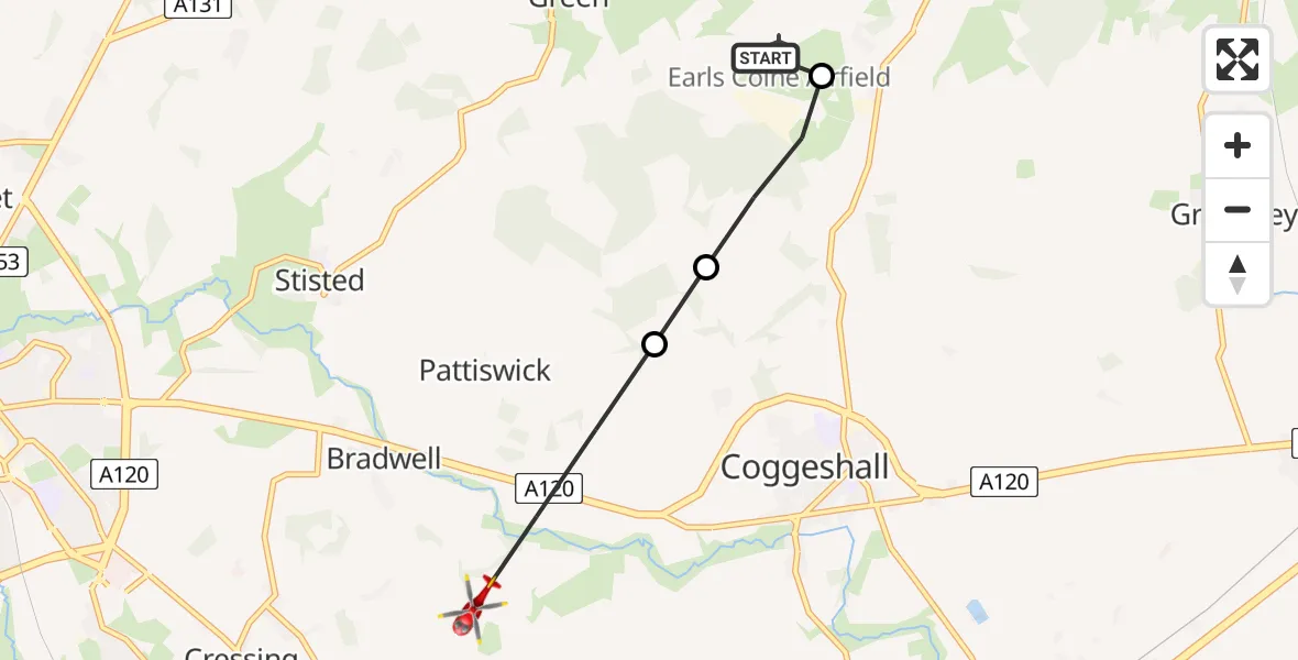 Flight route Air Ambulance Helicopter Earls Colne Airfield - Braintree, 10 July 2026, 10:19