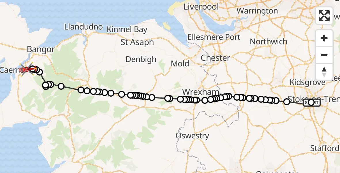 Flight route Air Ambulance Helicopter University Hospital North Staffs - Llanrug, 10 July 2026, 10:22