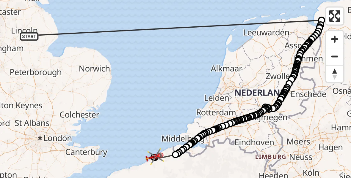 Flight route Air Ambulance Helicopter Dunston - Oostende Heliport, 10 July 2026, 10:34