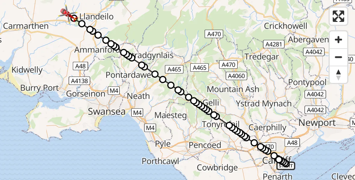 Flight route Air Ambulance Helicopter Cardiff Heliport - Cwrt-henri, 10 July 2026, 10:36