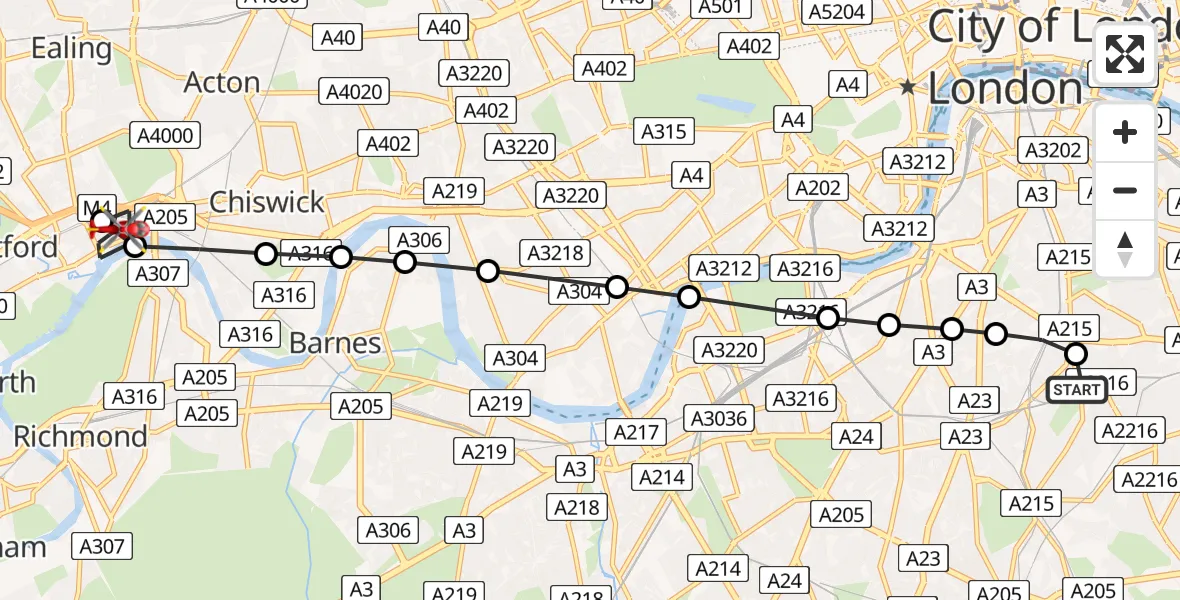 Flight route Air Ambulance Helicopter Kings College London Hospital - Kew, 10 July 2026, 10:49