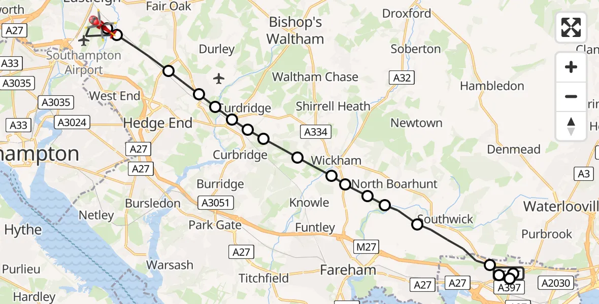 Flight route Air Ambulance Helicopter Queen Alexandra Hospital - Southampton Airport, 10 July 2026, 10:50