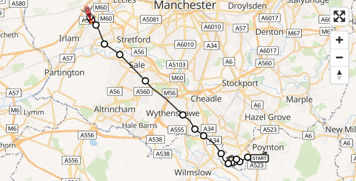 Flight route Air Ambulance Helicopter Poynton - Manchester Barton Aerodrome, 10 July 2026, 11:11