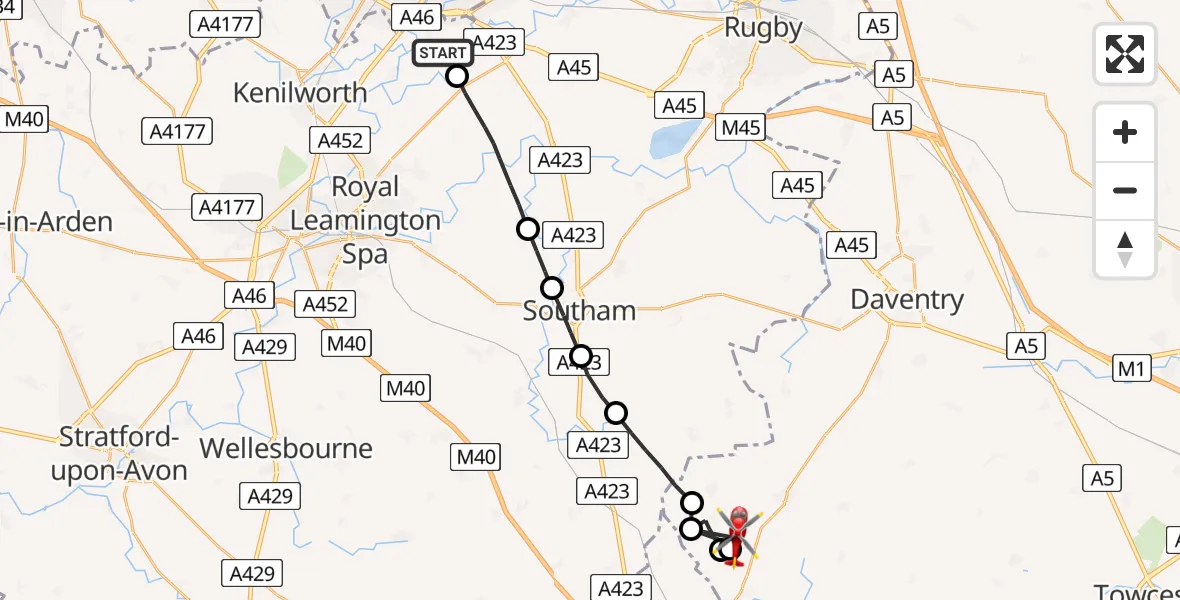 Flight route Air Ambulance Helicopter Coventry Airport - Aston le Walls, 10 July 2026, 11:16