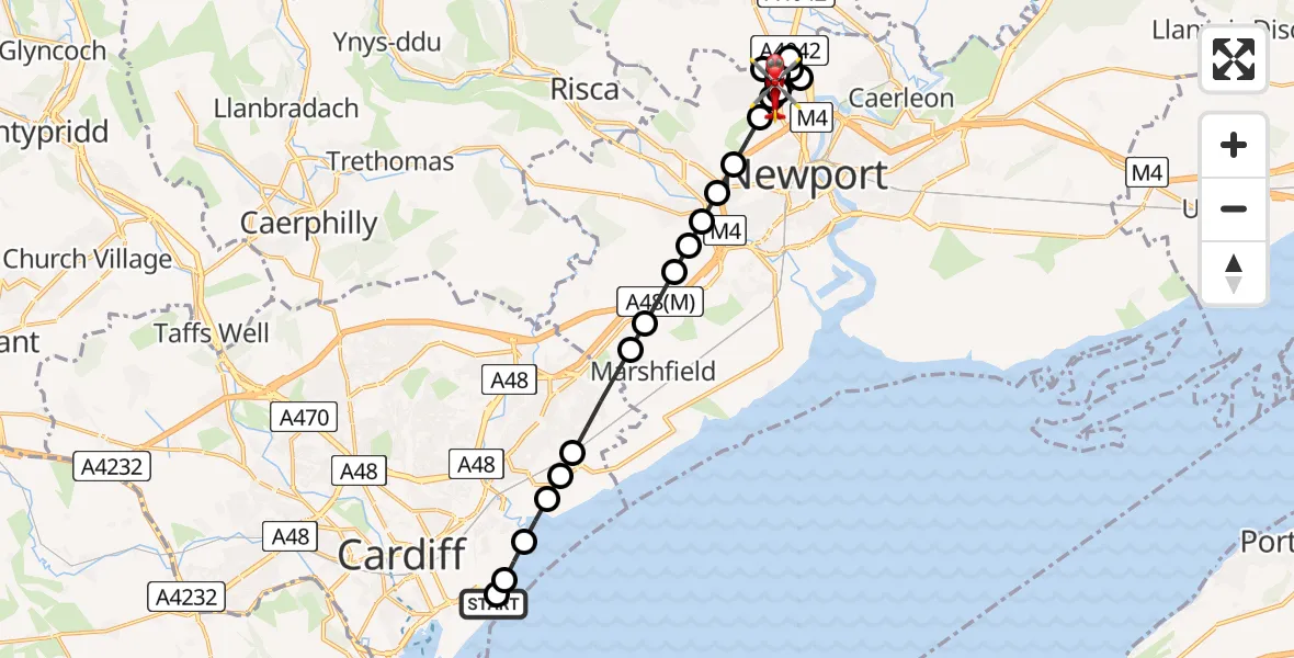Flight route Air Ambulance Helicopter Cardiff Heliport - Woodlands, 10 July 2026, 11:21
