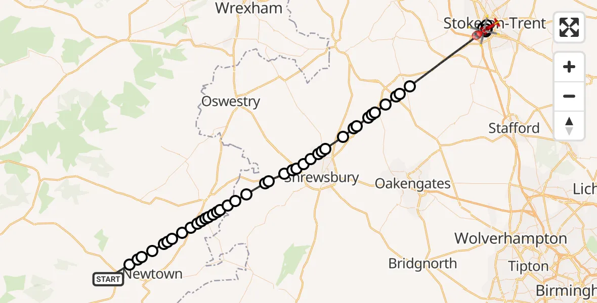 Flight route Air Ambulance Helicopter Caersws - Newcastle-under-Lyme, 10 July 2026, 11:23