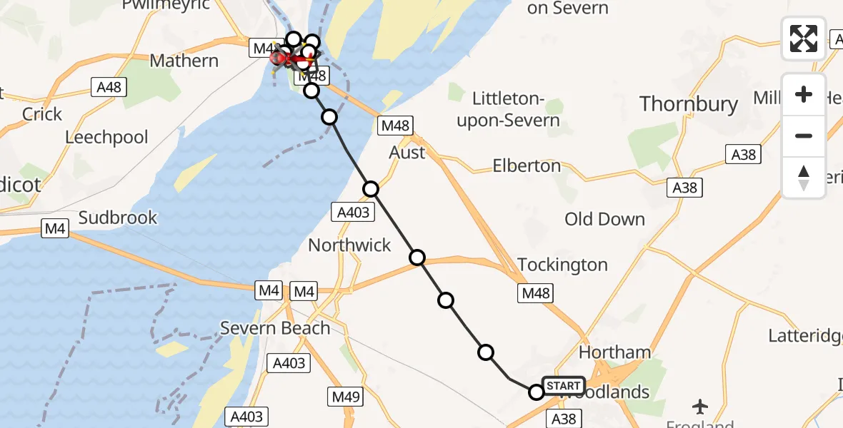 Flight route Air Ambulance Helicopter Almondsbury Helicopter Base - Forest of Dean, 10 July 2026, 11:28