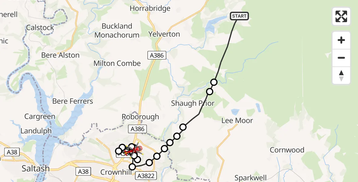 Flight route Air Ambulance Helicopter West Devon - Crownhill, 10 July 2026, 11:33