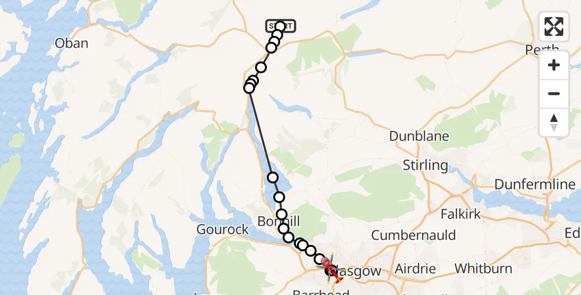 Flight route Air Ambulance Helicopter Stirling - Queen Elizabeth Hospital, 10 July 2026, 11:33