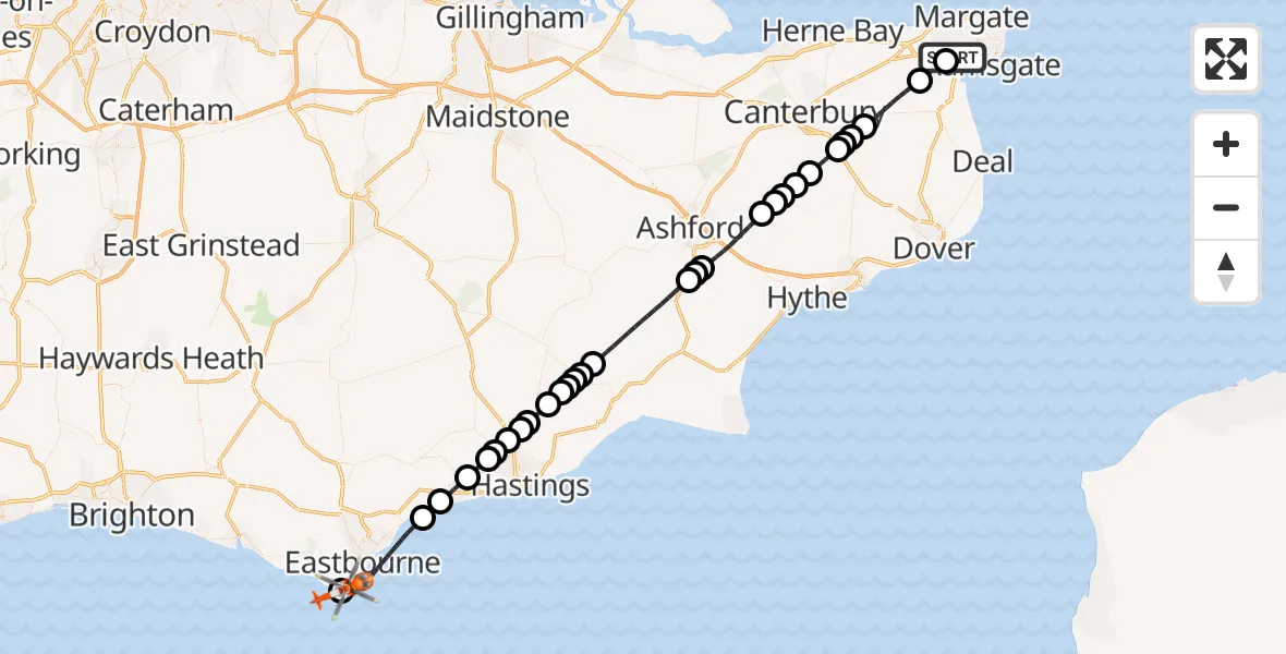 Flight route Coastguard Helicopter Manston Airport - Eastbourne, 10 July 2026, 11:44