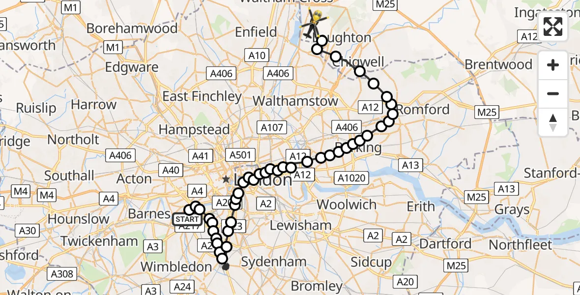 Flight route Police Helicopter Fulham - Sewardstonebury, 10 July 2026, 11:46