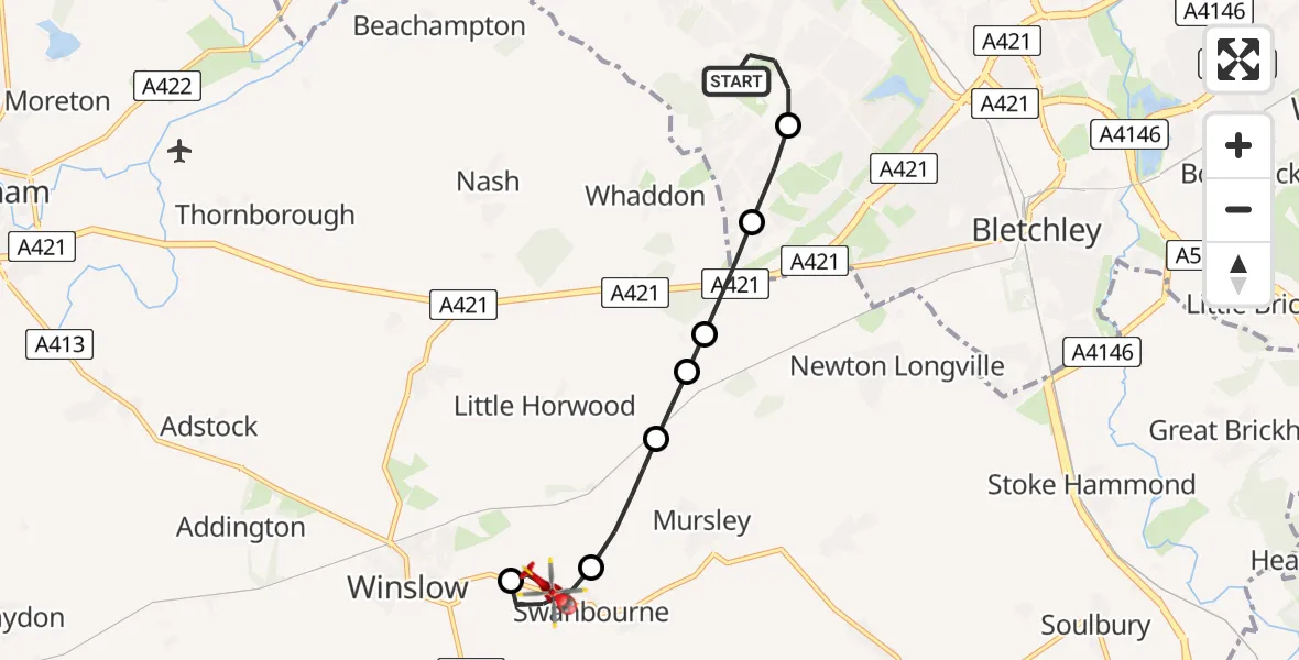 Flight route Air Ambulance Helicopter Medbourne - Winslow, 10 July 2026, 11:54