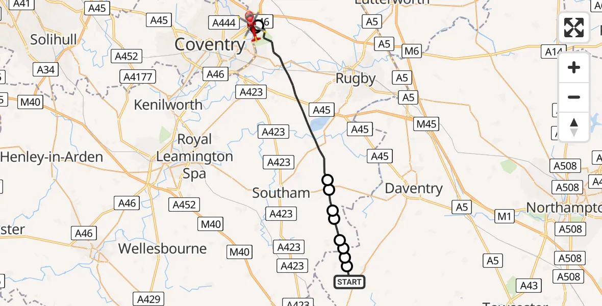 Flight route Air Ambulance Helicopter Aston le Walls - Walsgrave, 10 July 2026, 11:56