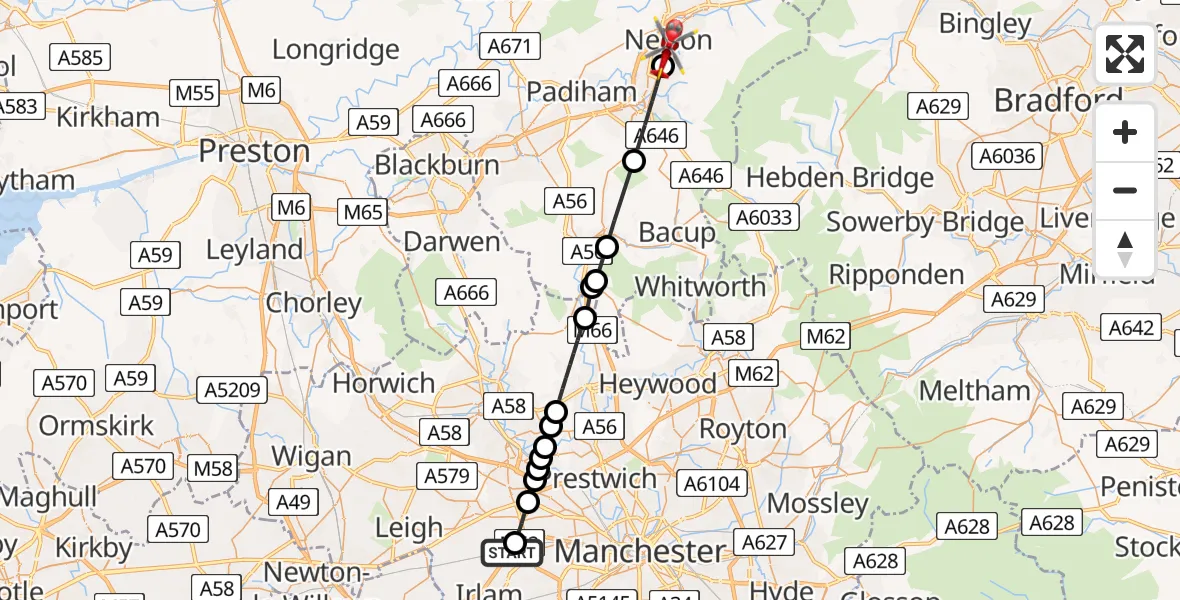 Flight route Air Ambulance Helicopter Worsley - Nelson, 10 July 2026, 12:12