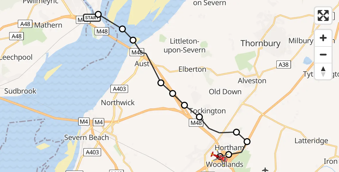 Flight route Air Ambulance Helicopter River Wye - Almondsbury Helicopter Base, 10 July 2026, 12:17