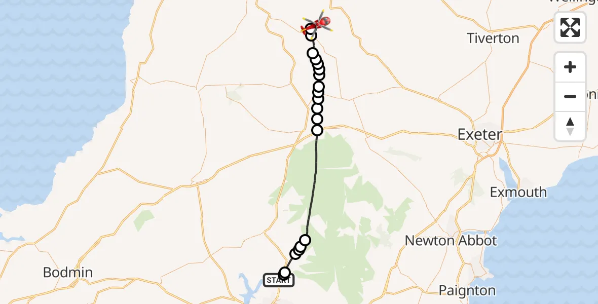 Flight route Air Ambulance Helicopter South Hams - Roborough, 10 July 2026, 12:19