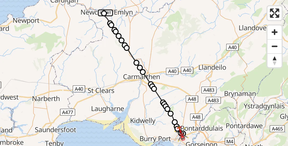 Flight route Air Ambulance Helicopter Newcastle Emlyn - Felinfoel, 10 July 2026, 12:22