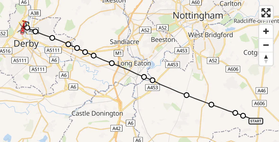 Flight route Air Ambulance Helicopter Willoughby on the Wolds - Darley Abbey, 10 July 2026, 12:23