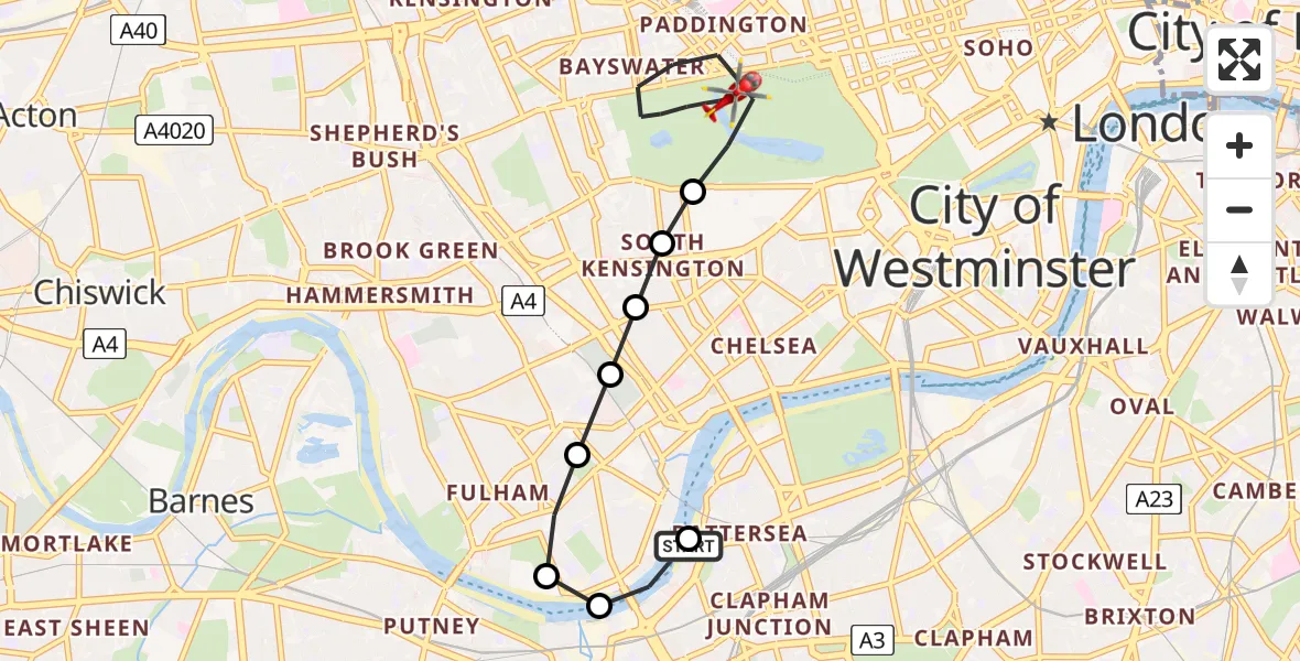 Flight route Air Ambulance Helicopter London Heliport - City of Westminster, 10 July 2026, 12:27