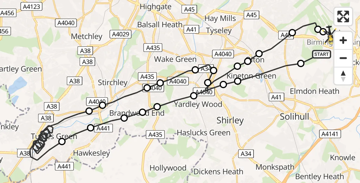 Flight route Police Helicopter Solihull - Birmingham Airport, 10 July 2026, 12:28