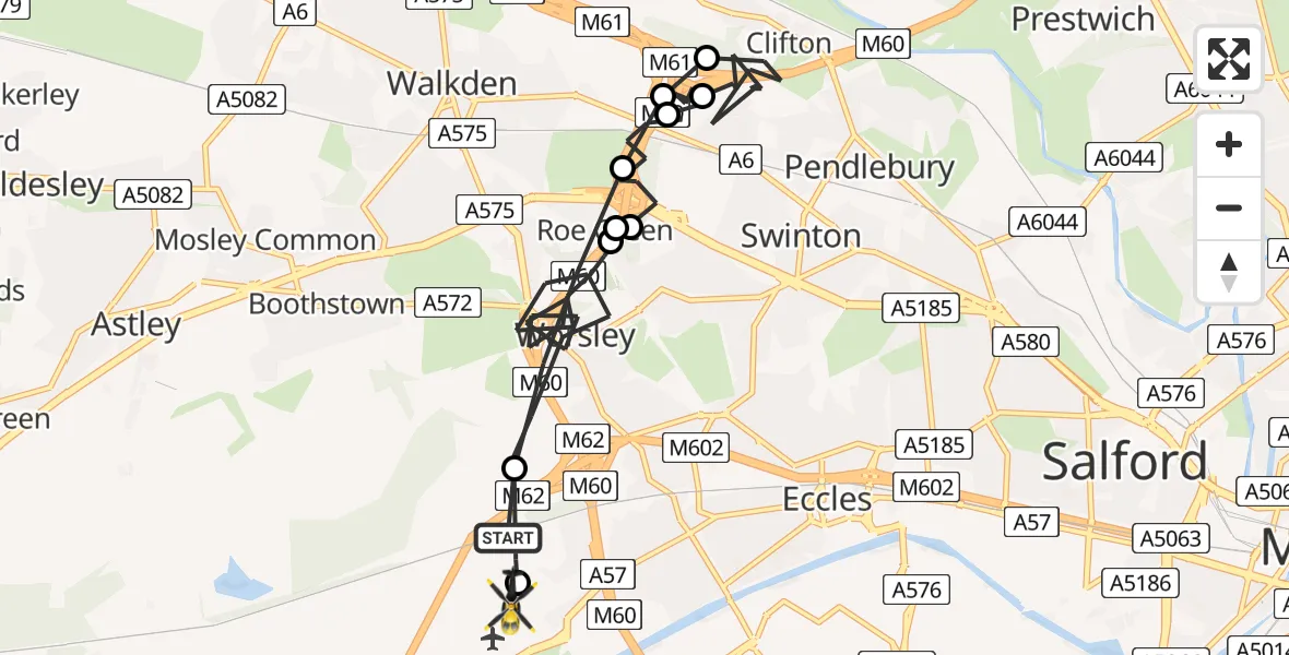 Flight route Police Helicopter Worsley - Manchester Barton Aerodrome, 10 July 2026, 12:38