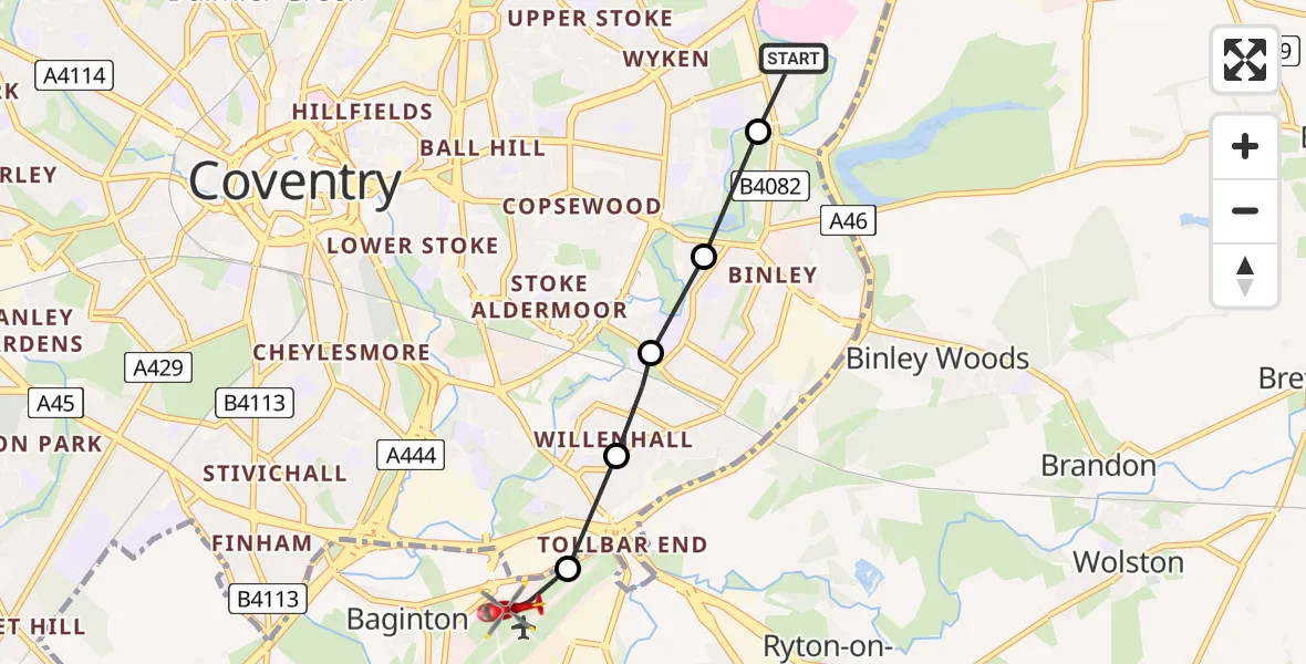 Flight route Air Ambulance Helicopter University Hospital Coventry - Coventry Airport, 10 July 2026, 12:40
