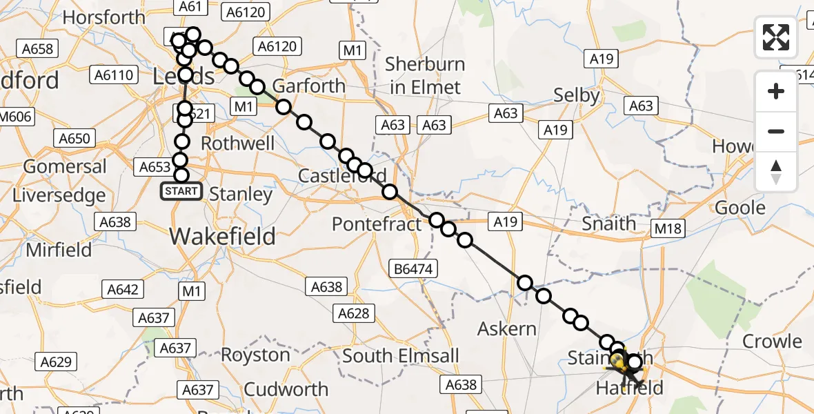 Flight route Police Helicopter East Ardsley - Hatfield, 10 July 2026, 12:46