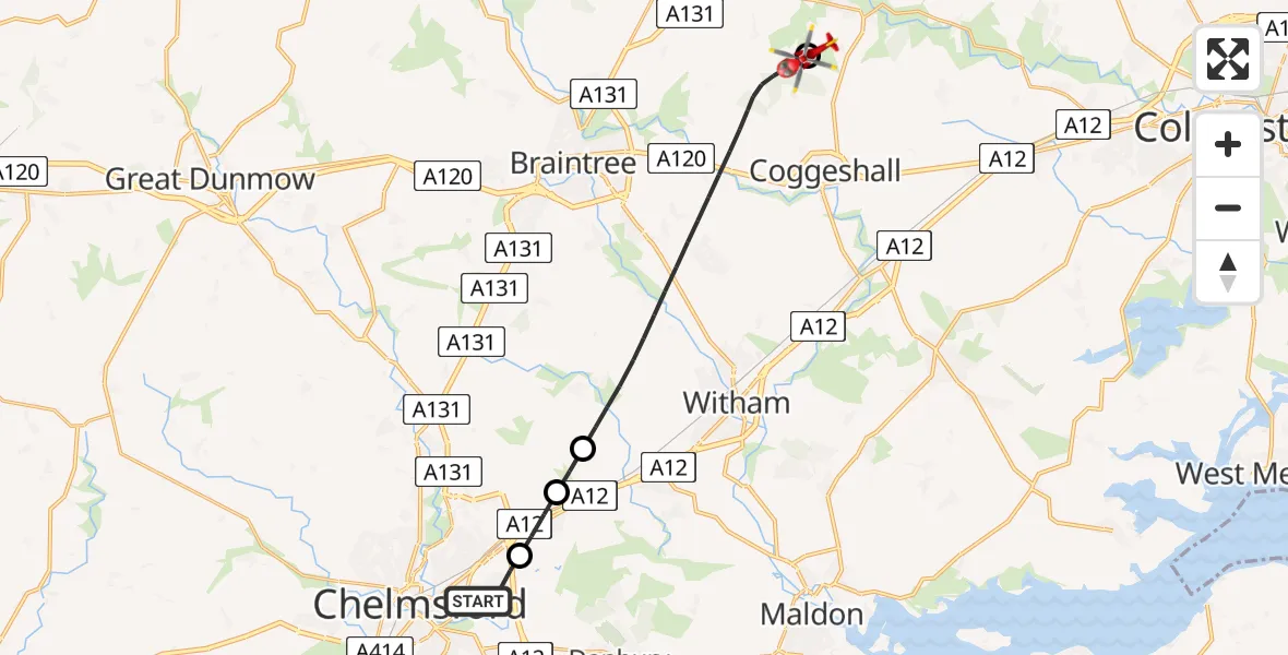 Flight route Air Ambulance Helicopter Chelmsford - Earls Colne Airfield, 10 July 2026, 12:53