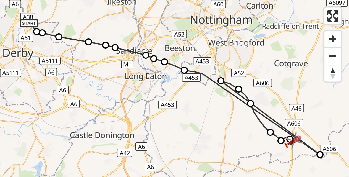 Flight route Air Ambulance Helicopter Breadsall - Widmerpool, 10 July 2026, 13:06