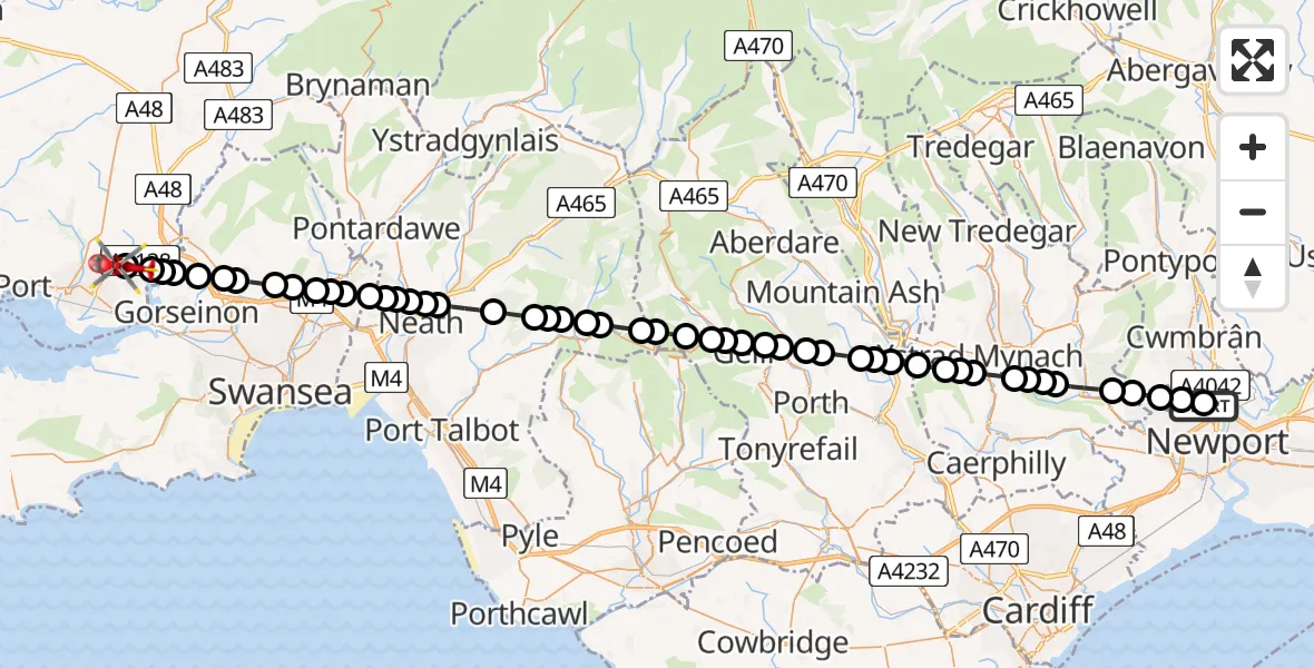 Flight route Air Ambulance Helicopter Malpas Court - Dafen, 10 July 2026, 13:12
