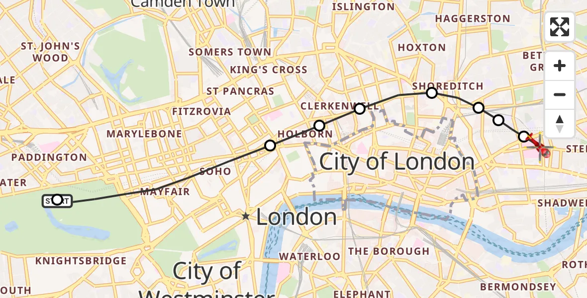 Flight route Air Ambulance Helicopter City of Westminster - Royal London Hospital, 10 July 2026, 13:12