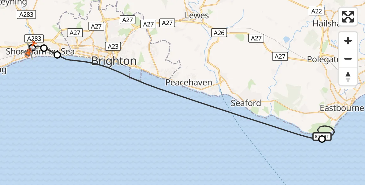 Flight route Coastguard Helicopter Eastbourne - Brighton City Airport, 10 July 2026, 13:13