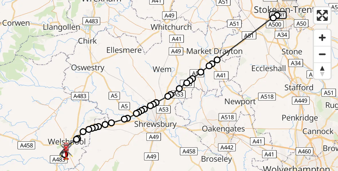 Flight route Air Ambulance Helicopter University Hospital North Staffs - Welshpool Airport, 10 July 2026, 13:15