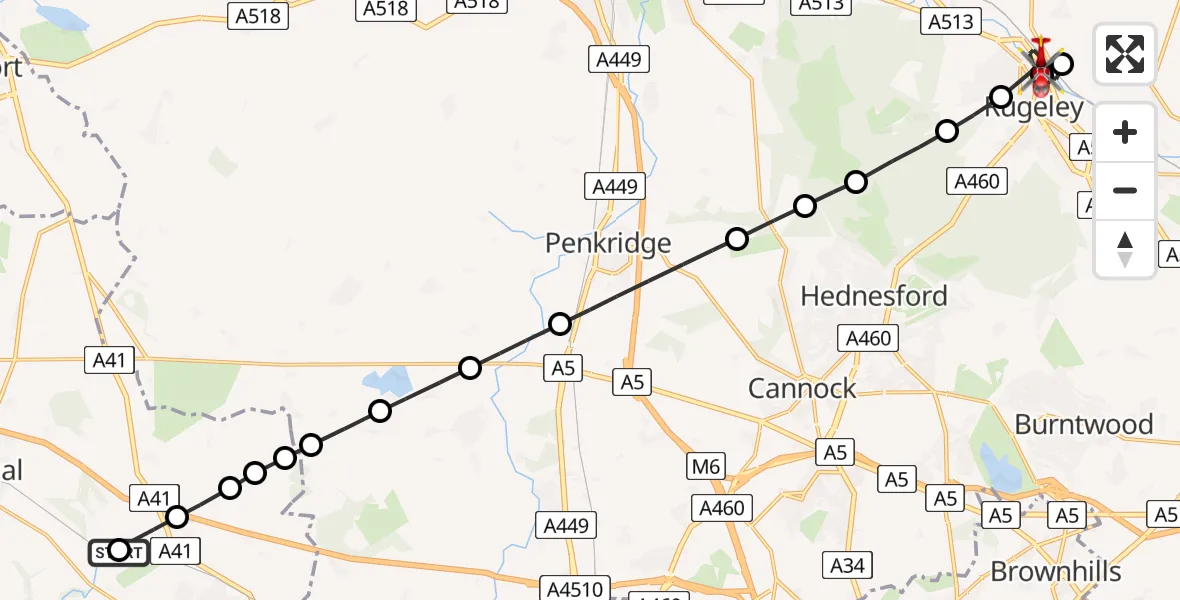 Flight route Air Ambulance Helicopter RAF Cosford - Rugeley, 10 July 2026, 13:17