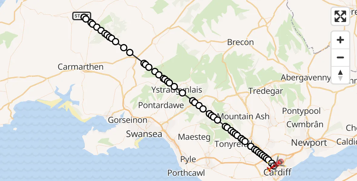 Flight route Air Ambulance Helicopter Llandysul - Gabalfa, 10 July 2026, 13:19