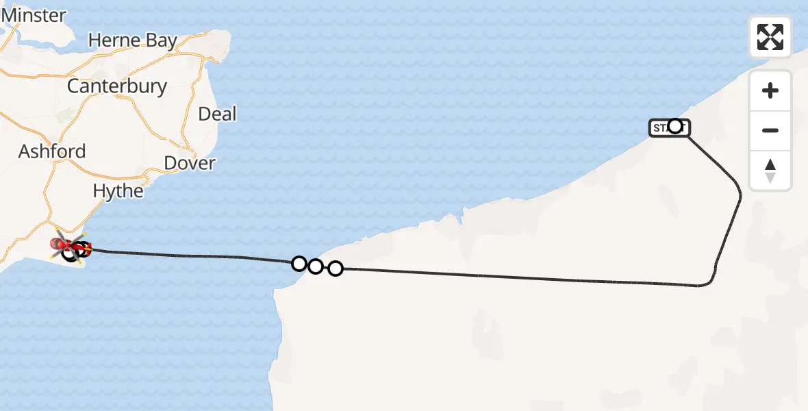 Flight route Air Ambulance Helicopter Oostende Heliport - Lydd London Ashford Airport, 10 July 2026, 13:27