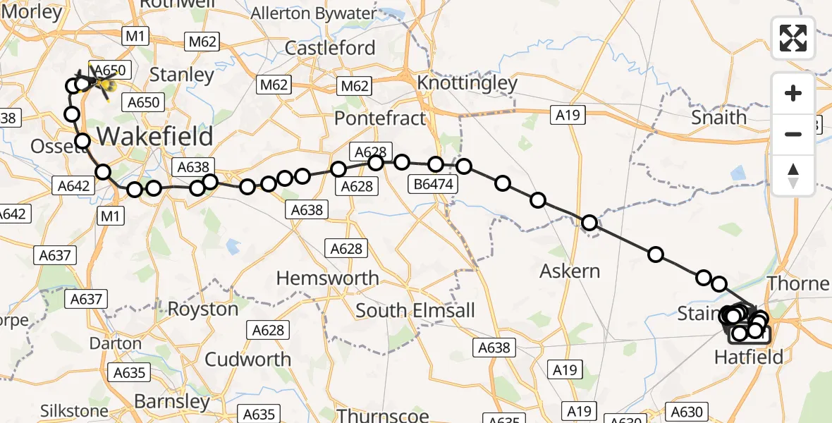 Flight route Police Helicopter Hatfield - East Ardsley, 10 July 2026, 13:28